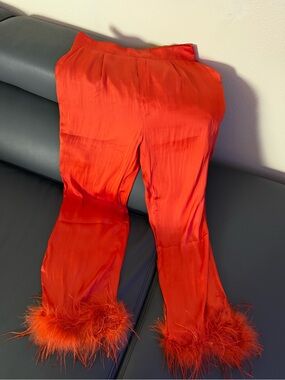 Orange Feather-Trim Satin Lounge Pants